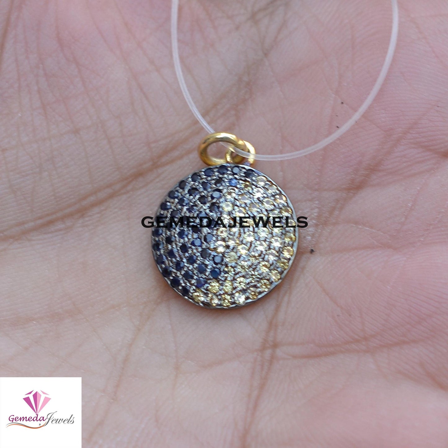 Natural Sapphire Pendant, Citrine Gemstone Pendant, 16" Silver Link Chain Necklace, Pave Diamond Jewelry, Disc Charm Pendant, Minimalist