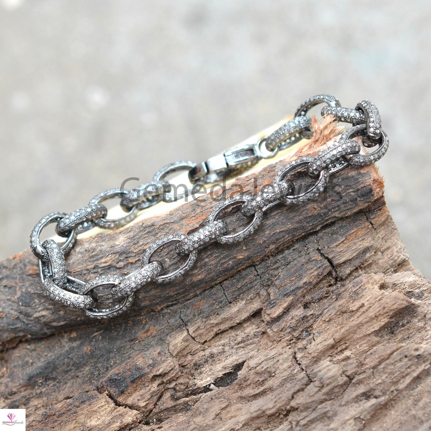 5.10cts Pave Diamond Bracelet, Diamond Silver Link Chain Bracelet, Lobster Clasp Lock Bracelet, Sterling Silver Jewelry, Unisex Gift Jewelry