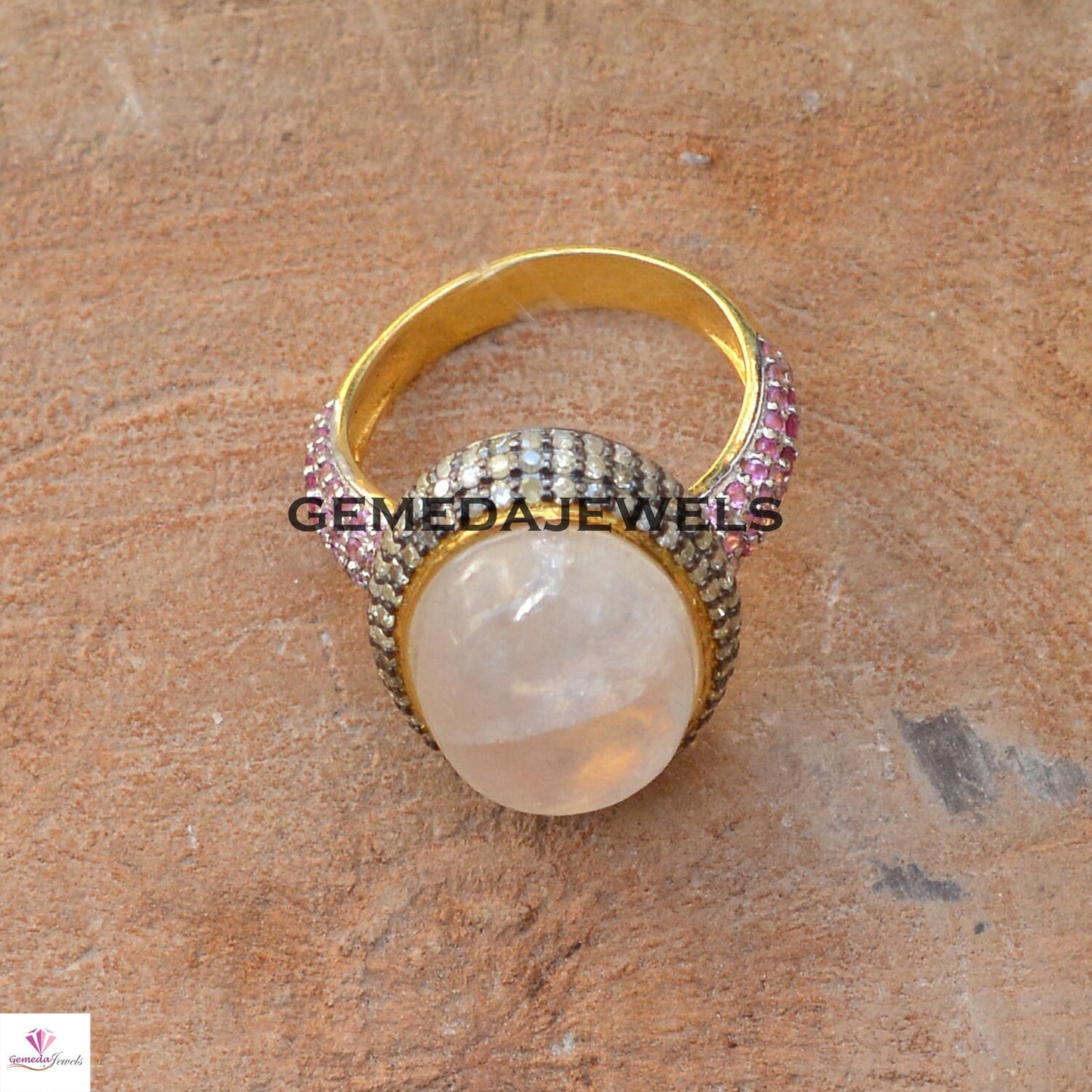 Rainbow Moonstone Ring, Pave Diamond Ring, Ruby Gemstone Ring, 925 Silver Jewelry, Gold Plated Ring, Moonstone Ring Jewelry, Wedding Gifts