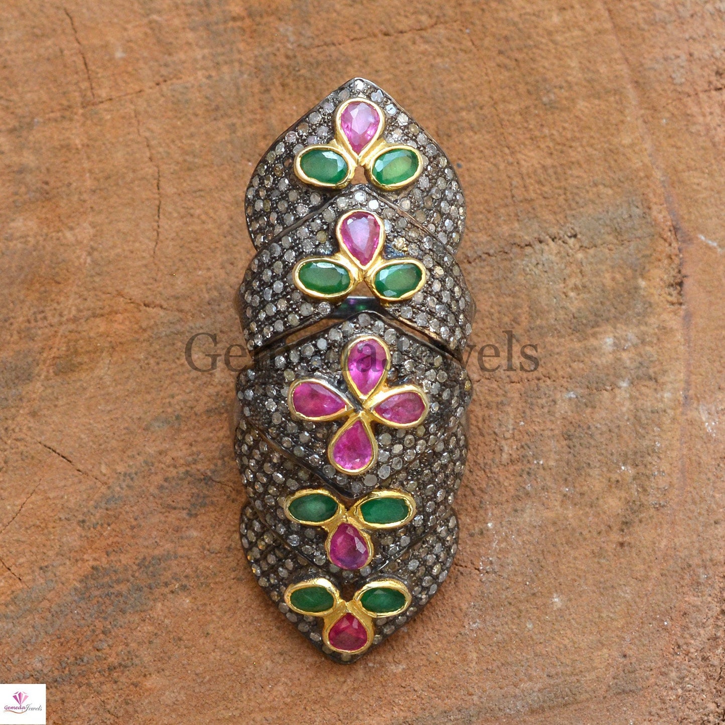 Natural Pave Diamond Gemstone Knuckle Ring, Ruby Emerald Flower Ring, Pave Diamond Full Finger Knuckle Ring, Handmade Jewelry, Gift For Her