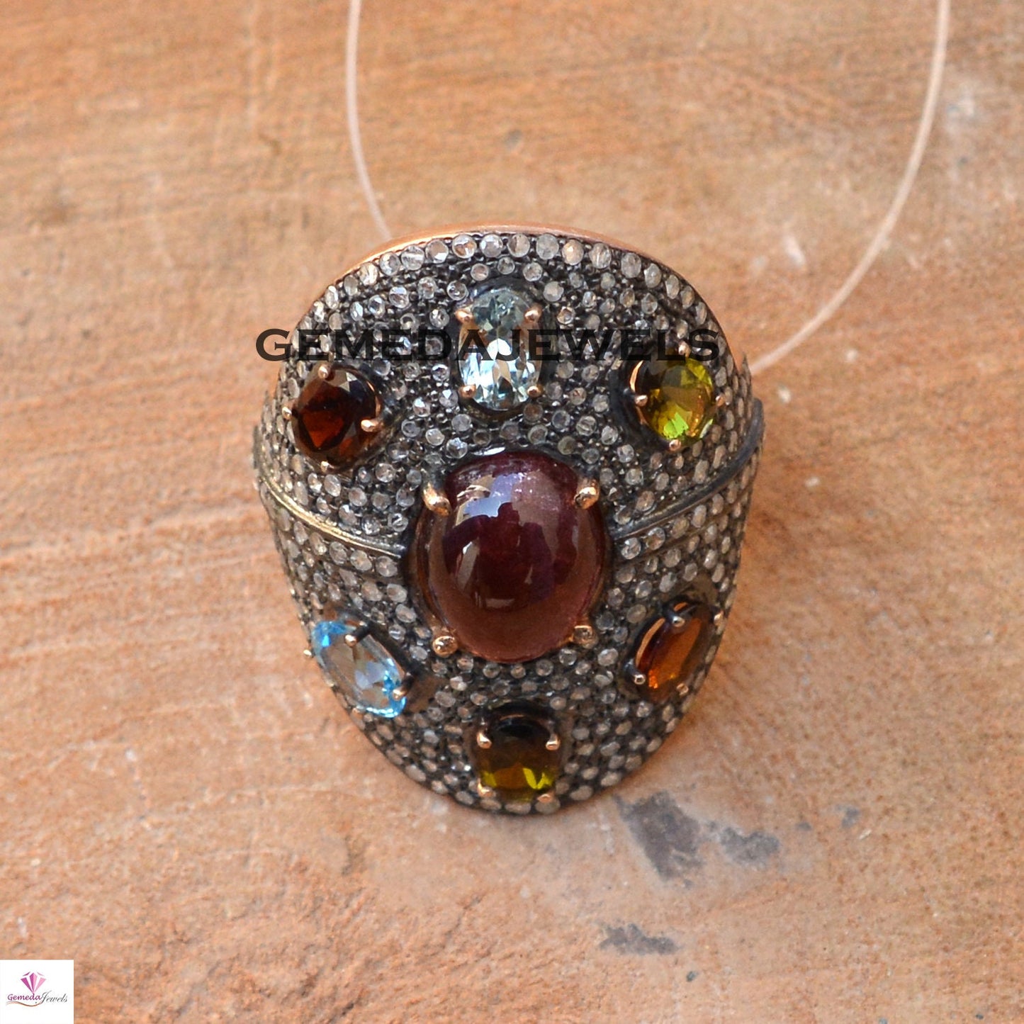 Multi Gemstone Ring, Pave Diamond Ring, Rose Gold Plated Ring, 925 Silver Jewelry, Gemstone Silver Ring, 4th Anniversary Gift, Wedding Gifts