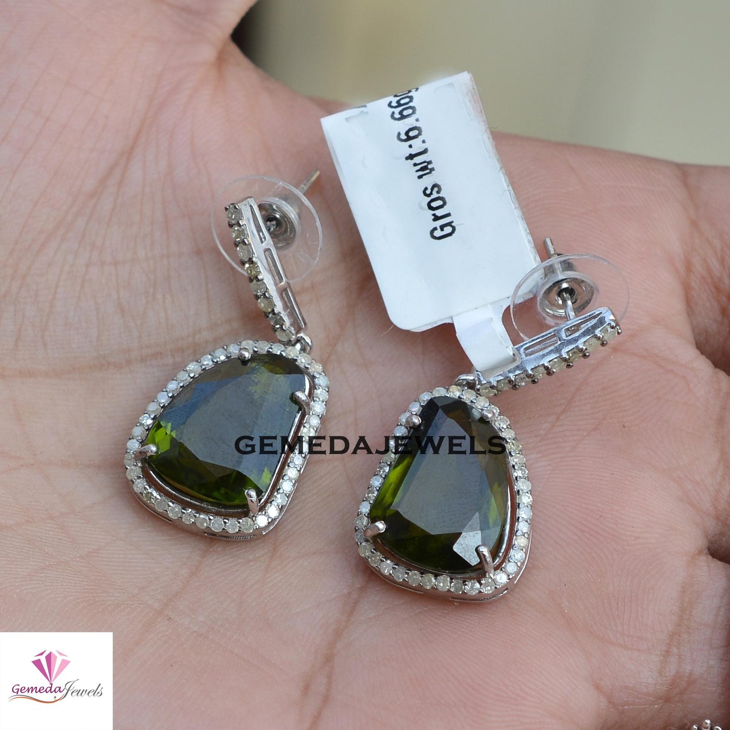 Sale!! Rare Peridot Gemstone Earrings, Pave Diamond Jewelry, Sterling Silver Earrings, White Rhodium Plated Jewelry, Women's Gift Jewelry