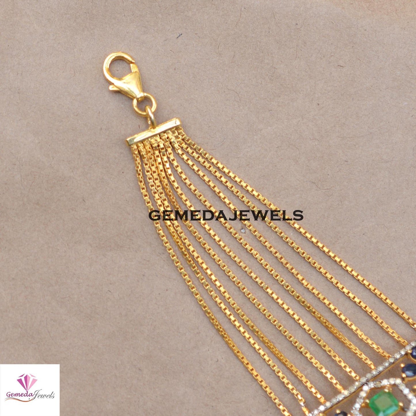 Natural Emerald Bracelet, Sapphire Flower Bracelet, 925 Silver Gold Plated Link Chain Clasp Lock Bracelet, Pave Diamond Jewelry Wedding Gift