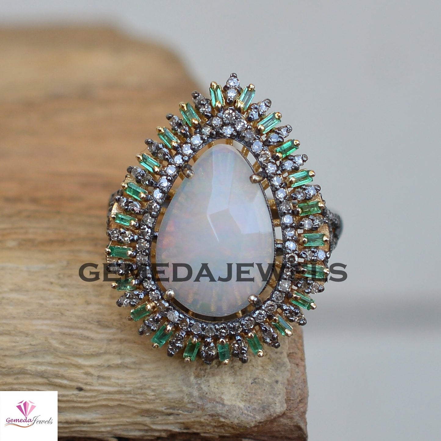 100% Genuine Opal Gemstone Ring, 14k Gold Vermeil Ring, 925 Silver Jewelry, Emerald Diamond Ring, Baguette Diamond Ring, Engagement Jewelry