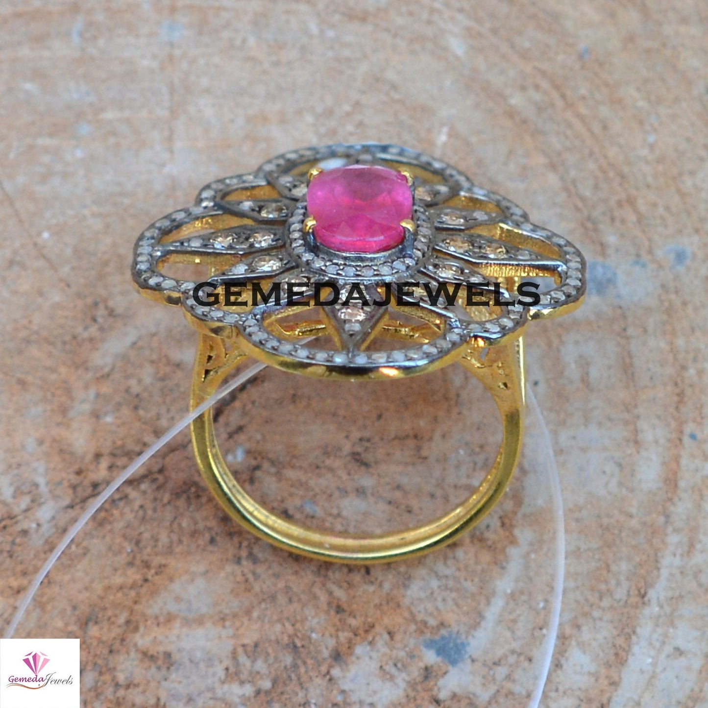 Ruby Gemstone Ring, Diamond Flower Ring, 925 Silver Jewelry, Gemstone Silver Jewelry, Gold Vermeil Ring, Gemstone Floral Ring, Gift For Her
