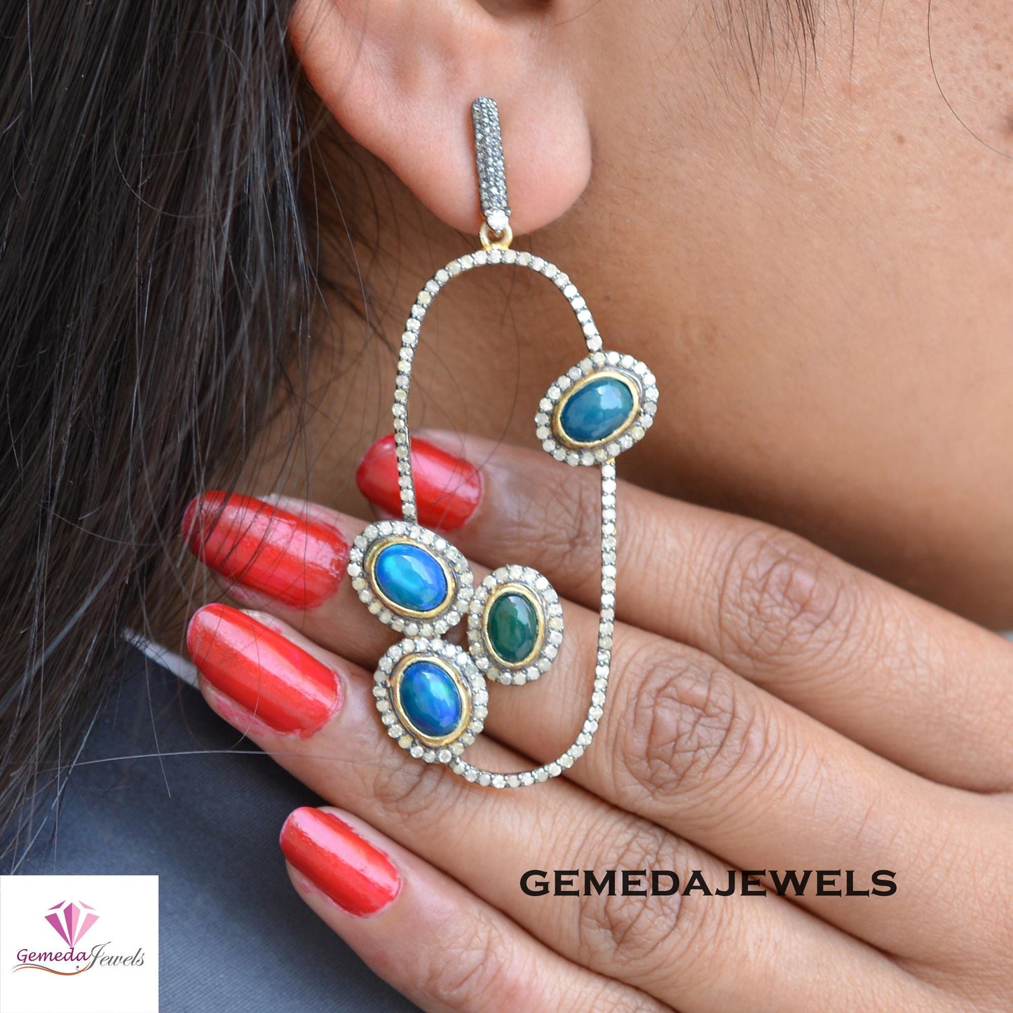 Natural Opal Gemstone Earrings, Solid 925 Silver Jewelry, 14k Gold Vermeil Earring, Sparkling Pave Diamond Earrings, Wedding Gift Jewelry