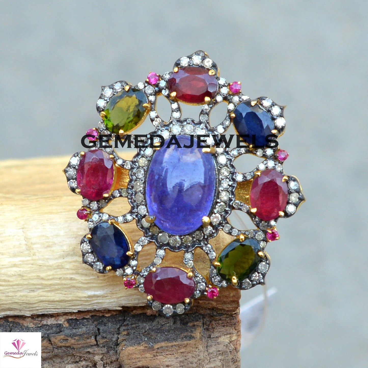 Sale! Real Tanzanite Silver Ring, Multi Gemstone Ring, Gemstone Floral Ring Jewelry, Pave Diamond Ring, 925 Silver Jewelry, Gold Filled Ring