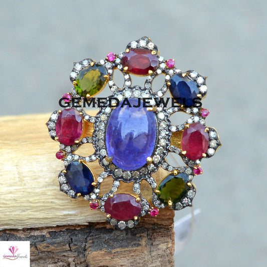Sale! Real Tanzanite Silver Ring, Multi Gemstone Ring, Gemstone Floral Ring Jewelry, Pave Diamond Ring, 925 Silver Jewelry, Gold Filled Ring