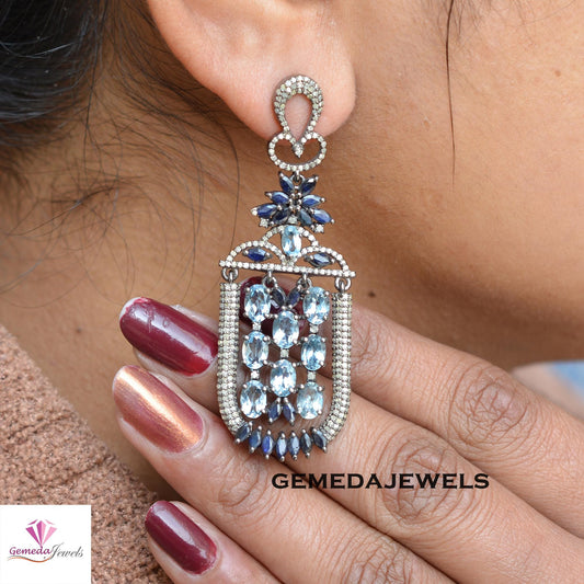 Sale Blue Topaz Designer Earrings, Sapphire Gemstone Jewelry, Rhodium Plated 925 Silver Earring, Pave Diamond Earrings, Women's Gift Jewelry