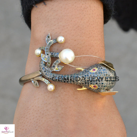 Blue Diamond Bangle, Pearl Bangle Bracelet, Elephant Bangle Bracelet, Pave Diamond Jewelry, Adjustable Bangle Bracelet, 925 Silver Jewelry