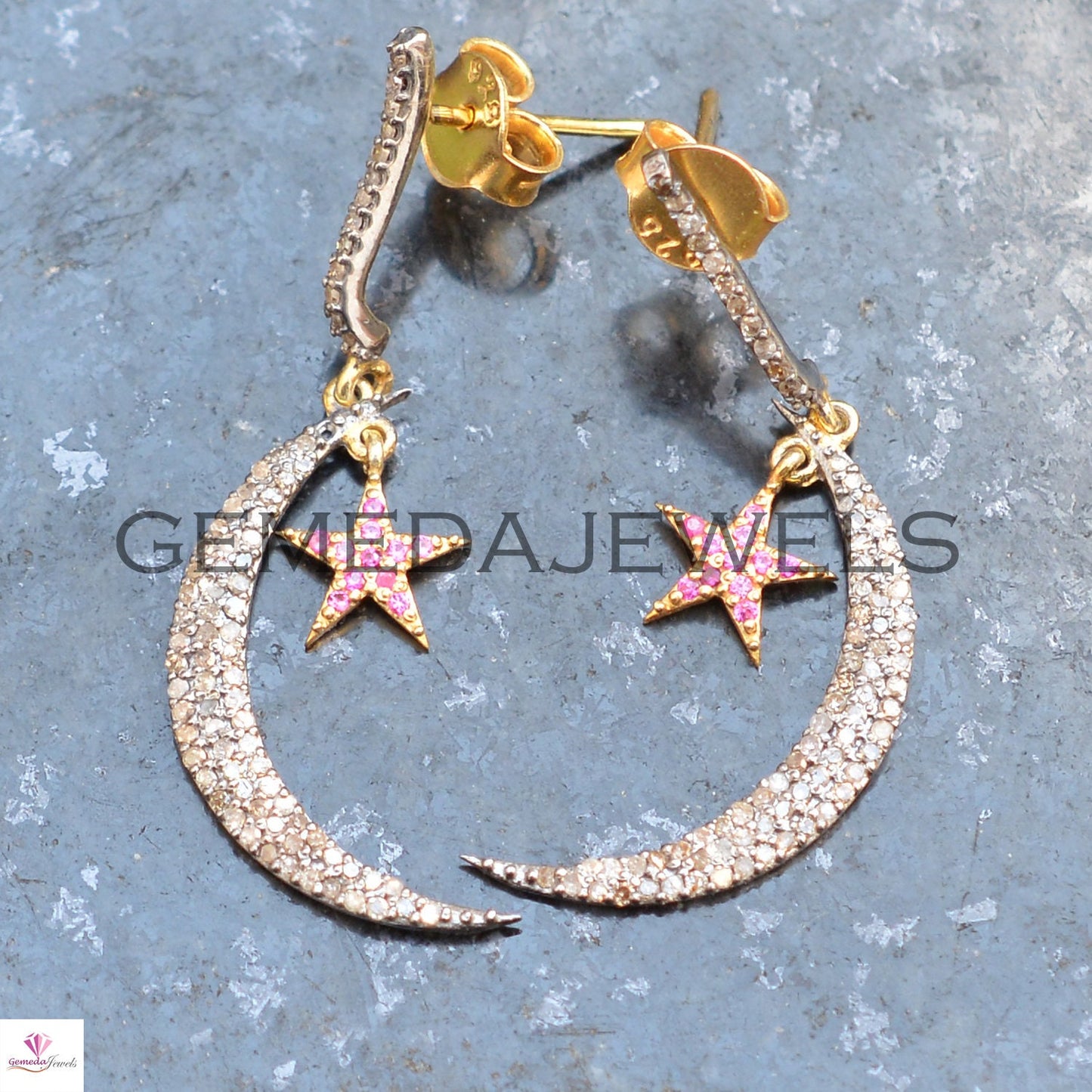 Pave Diamond Crescent Moon Earring, 925 Silver Gold Jewelry, Ruby Gemstone Star Earrings, Handmade Earrings, Gift For her, Bridesmaid Gift