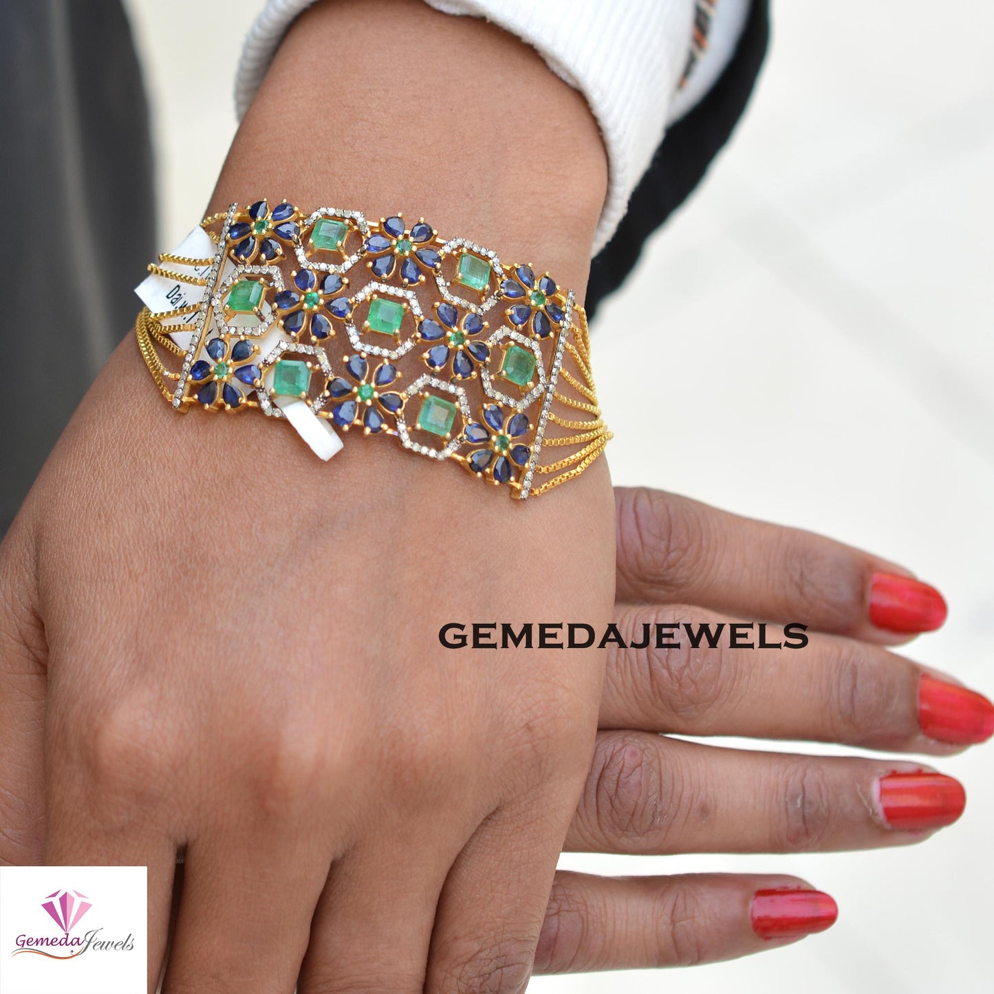 Natural Emerald Bracelet, Sapphire Flower Bracelet, 925 Silver Gold Plated Link Chain Clasp Lock Bracelet, Pave Diamond Jewelry Wedding Gift