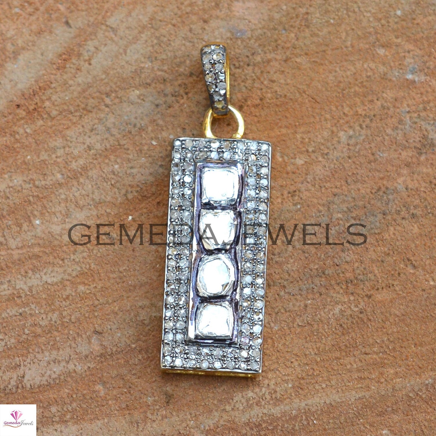 Polki Diamond Pendant, 925 Silver Gold Plated Pendant, Pave Diamond Pendant, Diamond Charm Pendant, 16" Silver Chain Necklace, Gift For Her