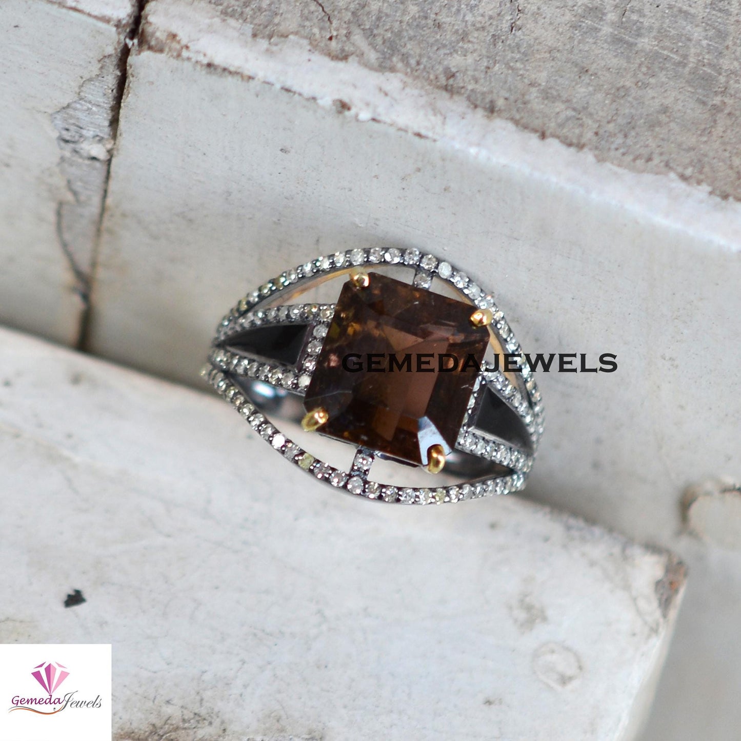 Sale Dazzling Smoky Quartz Ring, Pave Diamond 925 Silver Ring Jewelry, Gemstone Diamond Jewelry, Rhodium Plated Silver Jewelry, Gift For Her