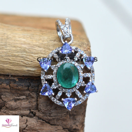 Genuine Emerald Pendant, Tanzanite Gemstone Jewelry, Pave Diamond Pendant, 925 Sterling Silver Jewelry, 16" Link Chain Pendant Necklace Gift