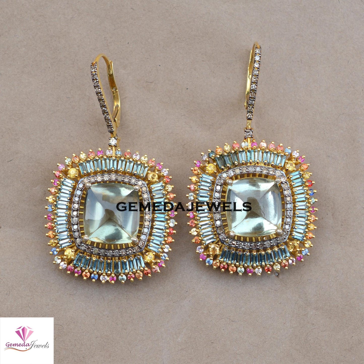 Multi Color Gemstone Jewelry Set, Green Gemstone Jewelry, Pave Diamond Jewelry Sets, 925 Silver Ring Earrings Set, 14k Gold Plated Jewelry