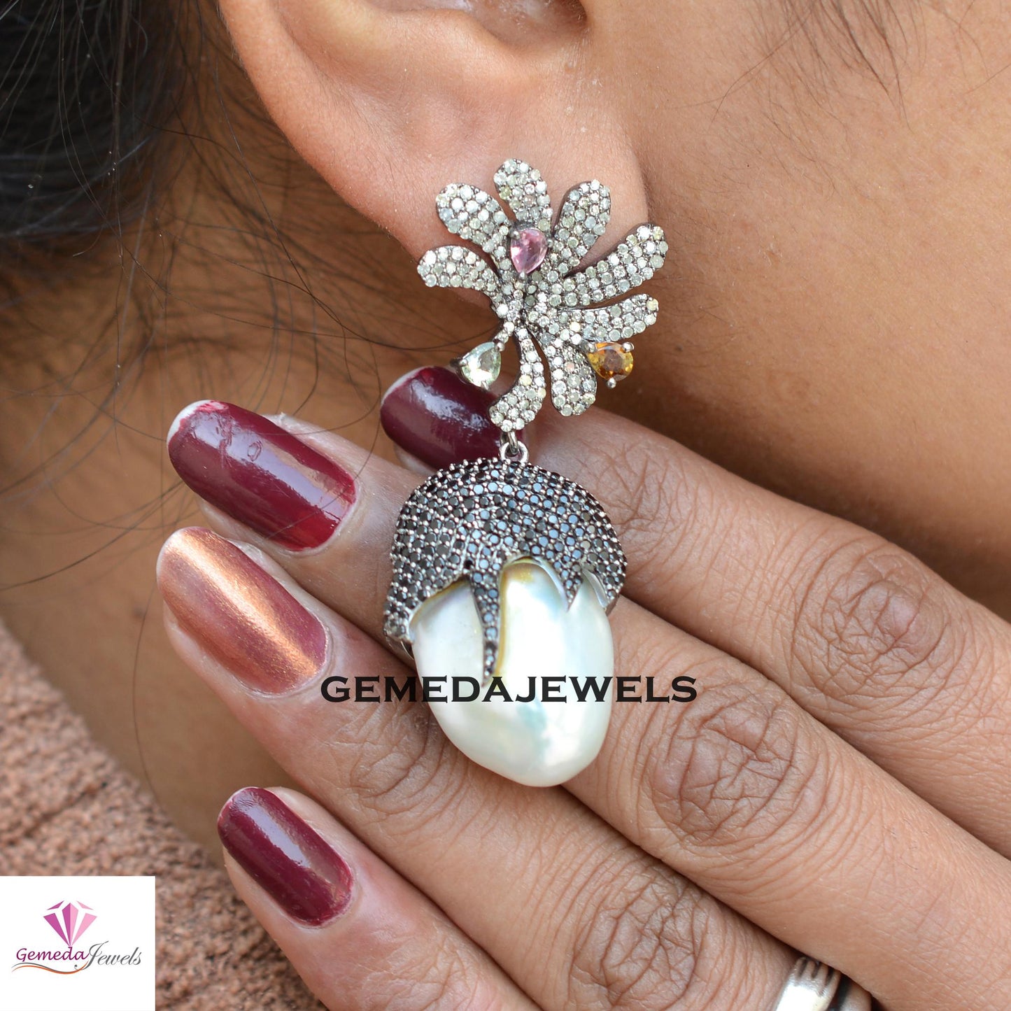 Pearl Earrings, Black Spinel Gemstone Jewelry, Multi Tourmaline Gemstone, 925 Silver Jewelry, Women's Gift Jewelry, Pave Diamond Earrings