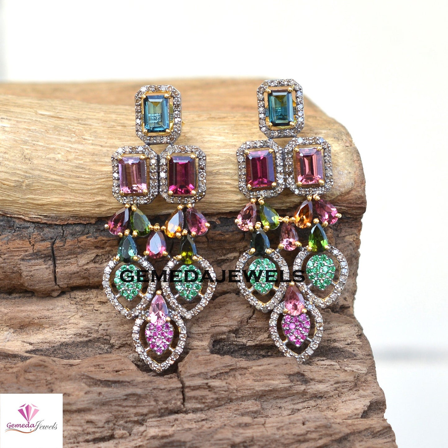 Multi Tourmaline Earrings, Ruby Earring, Emerald Diamond Silver Jewelry, 925 Silver Earrings, Gold Vermeil Earrings, Wedding Gift Jewelry