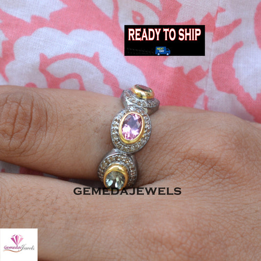 Multi Tourmaline Band Ring, Pave Diamond Ring, Gemstone Silver Jewelry, 925 Silver Ring, Tourmaline Gemstone Jewelry, Minimalist Jewelry