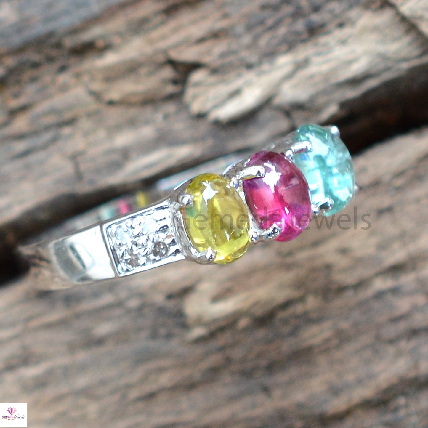 Multi Tourmaline Gemstone Ring, Oval Shape Gemstone, Pave Diamond Ring, 925 Sterling Silver Jewelry, Stacking Ring, Anniversary Gift For Her