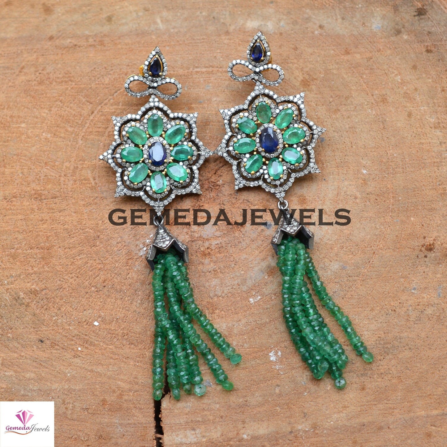 Sapphire Floral Earrings, Emerald Tassel Beads Earring Jewelry, Gemstone Earrings Jewelry, Pave Diamond Jewelry, Solid 925 Silver Earrings