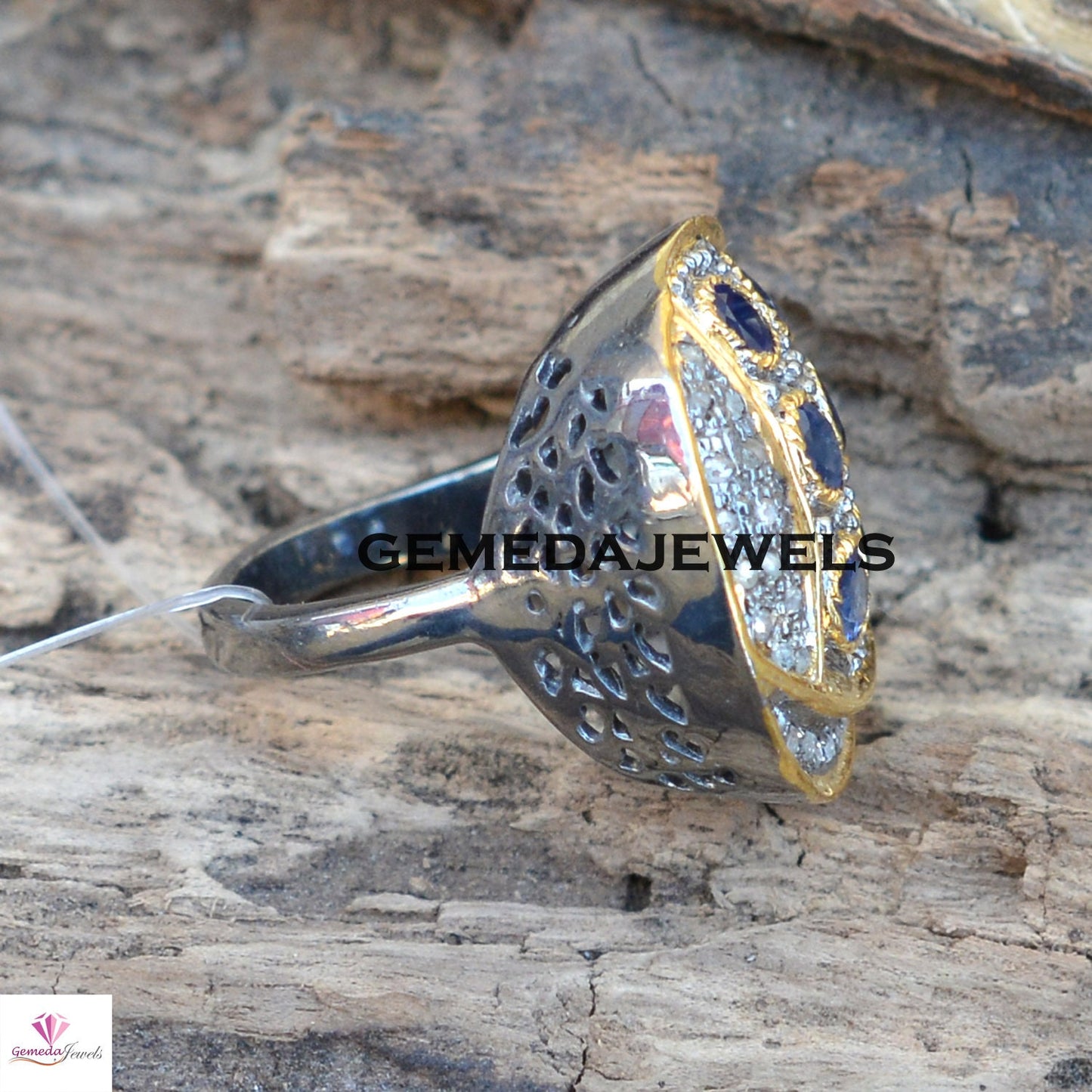 Blue Sapphire Ring, Gemstone Silver Jewelry, Pave Diamond Ring, Sapphire Gemstone Ring, 925 Silver Jewelry, Gold Plated Ring, Gifts For Her