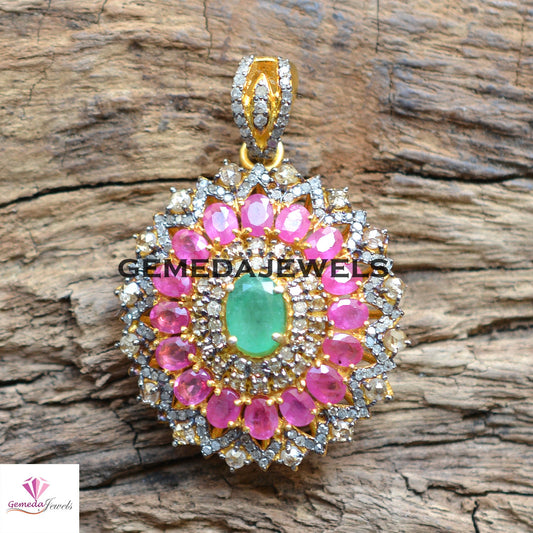 Natural Emerald Gemstone Pendant, Ruby 925 Silver Pendant, Pave Diamond Jewelry, Gemstone Flower Pendant, Gold Vermeil Jewelry, Gift For Her