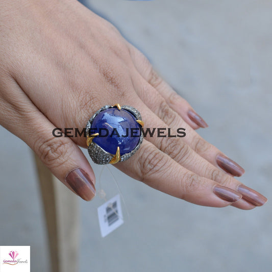 Tanzanite Silver Ring, Pave Diamond Jewelry, Diamond Bull Face Ring, Cocktail Silver Ring, 925 Silver Jewelry, Gold Filled Ring Jewelry Gift