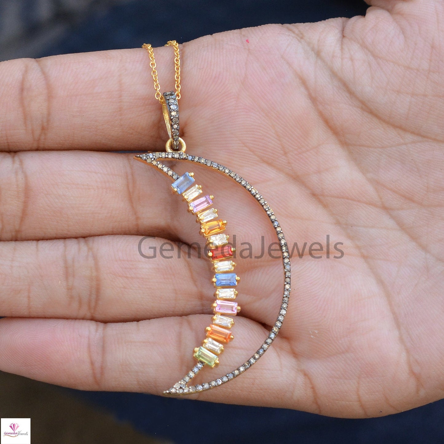 Real Multi Sapphire Pendant, Crescent Moon Pendant, 925 Silver Jewelry, Gold Vermeil Jewelry, Pave Diamond Pendant 16" Link Chain Necklace
