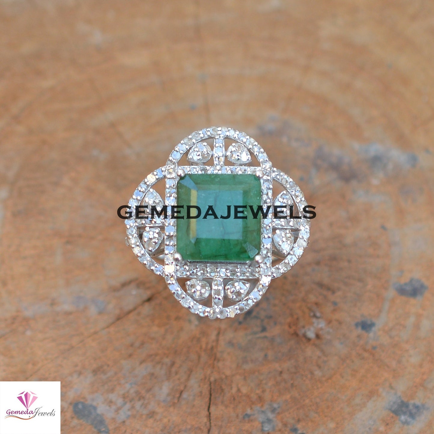 Emerald Gemstone Ring, Pave Diamond Jewelry, Diamond 925 Silver Ring, Sterling Silver Jewelry, Gemstone Diamond Ring, Wedding Gift Jewelry