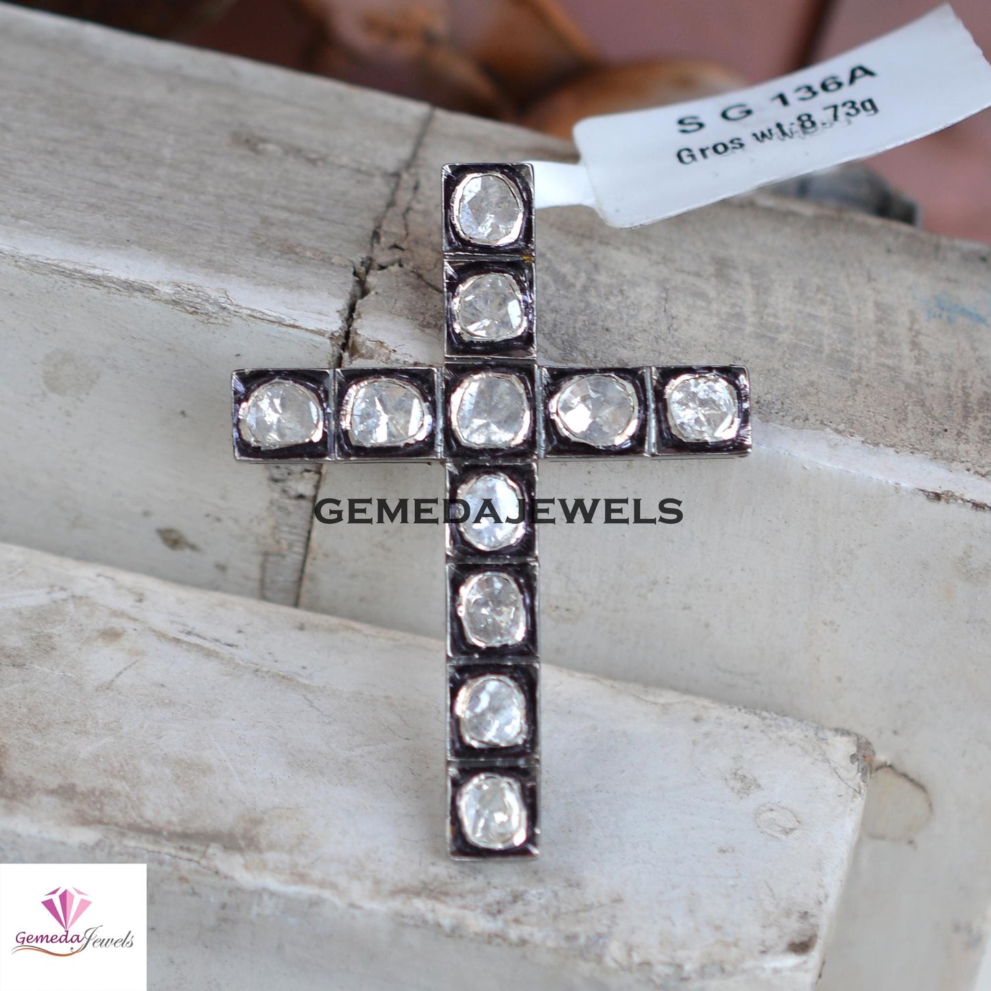 Sale!! Polki Diamond Cross Pendant, 925 Sterling Silver Jewelry, Gray Rhodium Plated Pendant, 16" Link Chain Necklace, Religious Jewelry