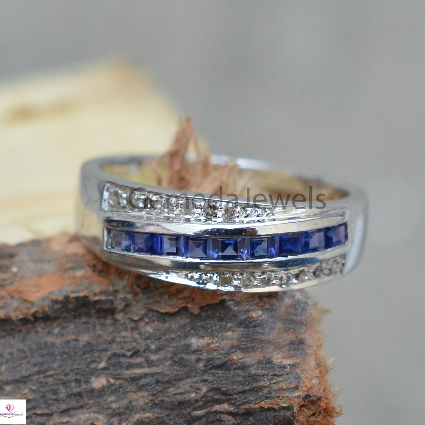 Sale! Genuine Sapphire Band Ring, 925 Sterling Silver Jewelry, Pave Diamond Ring, White Rhodium Plated Ring, Wedding Gift Ring, Gift For Her
