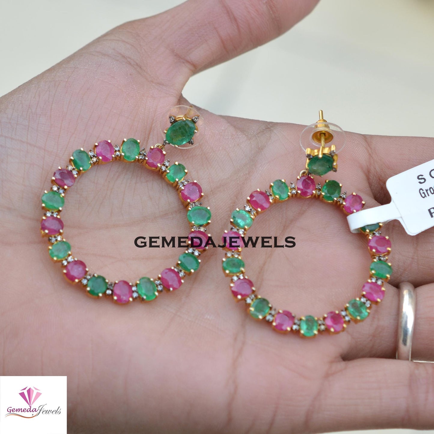 Sale!! Natural Emerald Gemstone Earrings, Ruby 925 Silver Earring Jewelry, Pave Diamond Earrings, Gold Vermeil Jewelry, Women's Jewelry