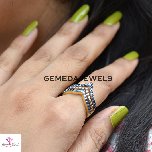 Sale! Blue Sapphire Gemstone Ring, Pave Diamond Ring Jewelry, 925 Silver 14k Gold Plated Jewelry, Minimalist Jewelry, Statement Ring, Gift