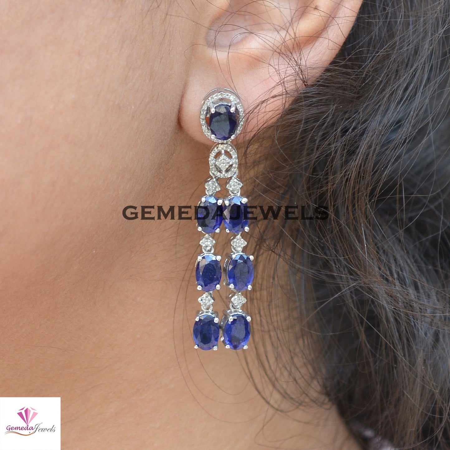 Sparkling Blue Sapphire Necklace, Sapphire Earrings Jewelry, Pave Diamond Jewelry Set, 925 Silver Jewelry, 19" Necklace Jewelry Gift For Her