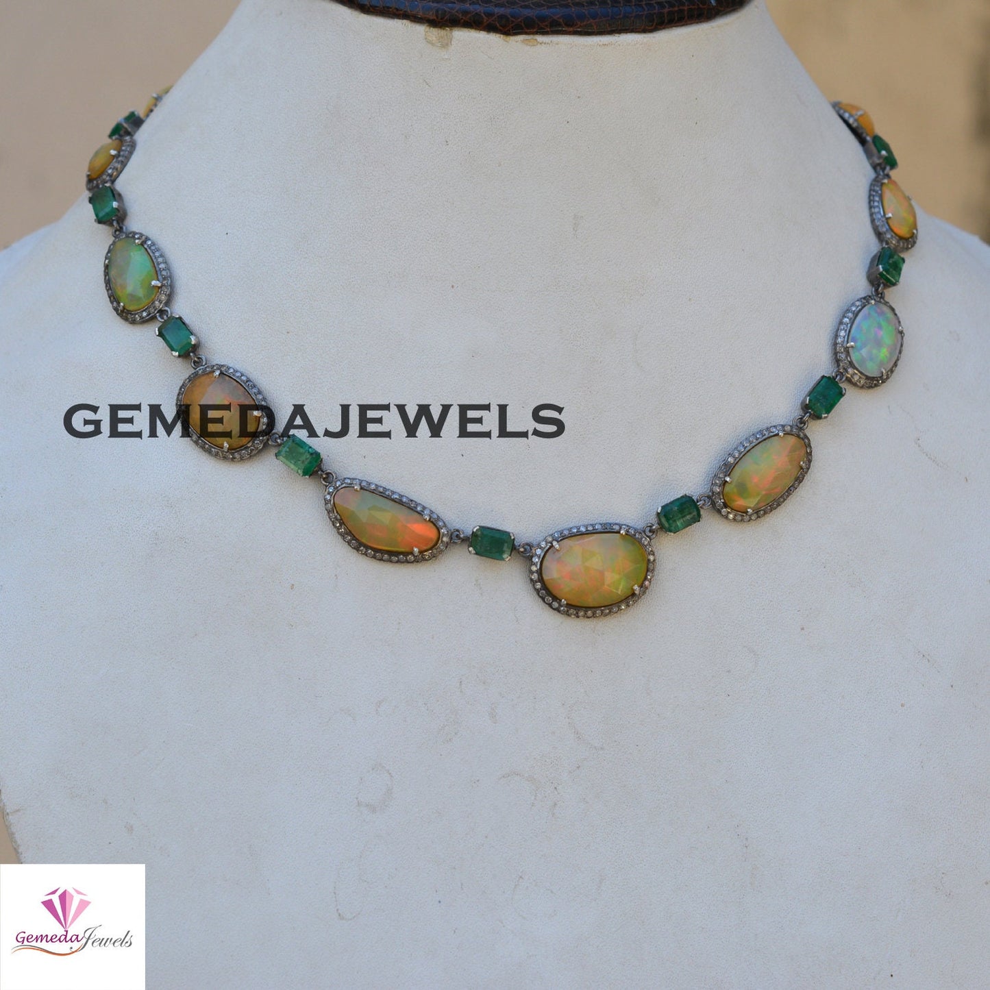 Opal Gemstone Necklace, Sterling Silver Jewelry, Emerald Gemstone Jewelry, Pave Diamond Necklace, 16" Silver Pendant Necklace, Holiday Gifts