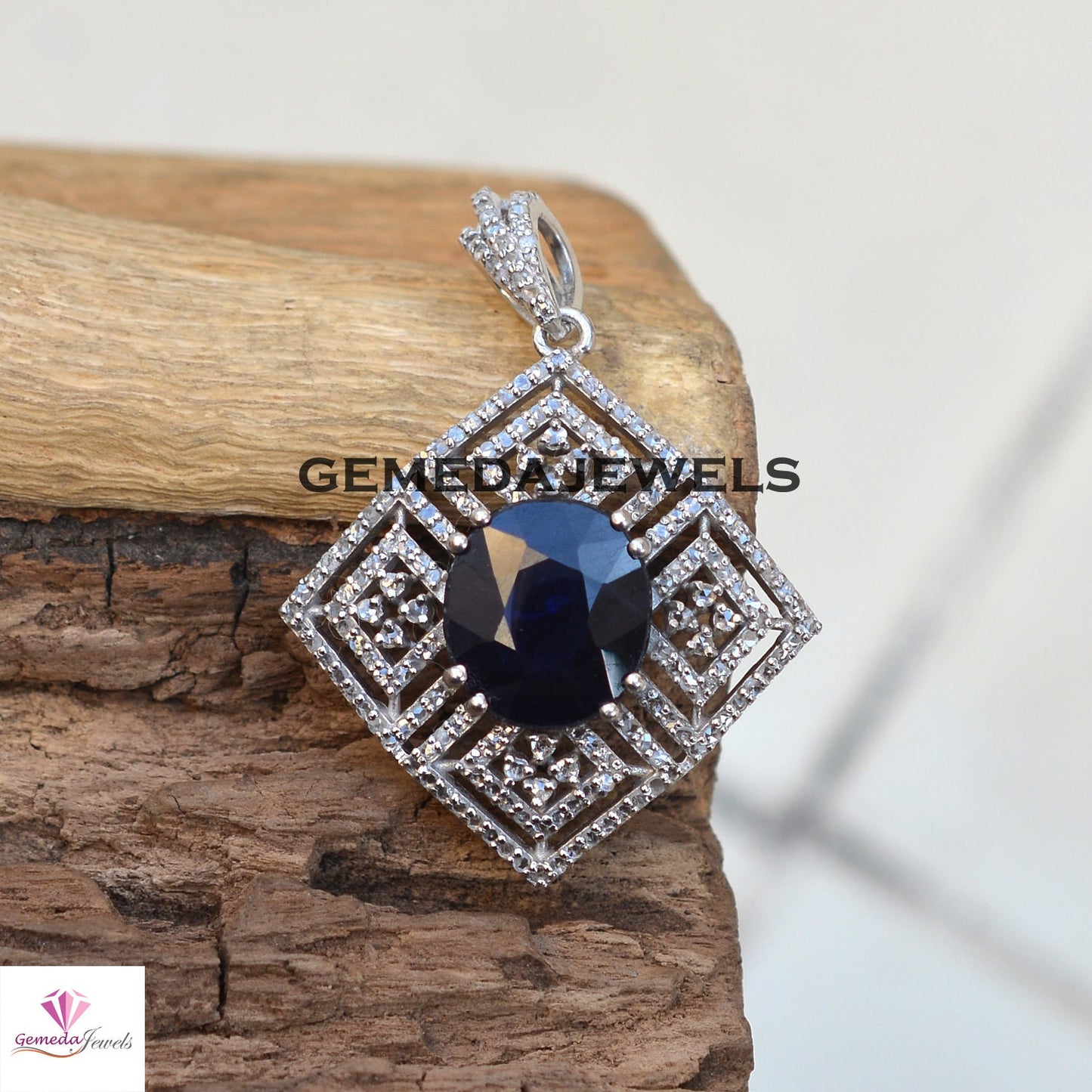 Sparkling Blue Sapphire Pendant, 925 Sterling Silver Jewelry, Pave Diamond Pendant, Gemstone Silver Jewelry, 16" Link Chain Pendant Necklace