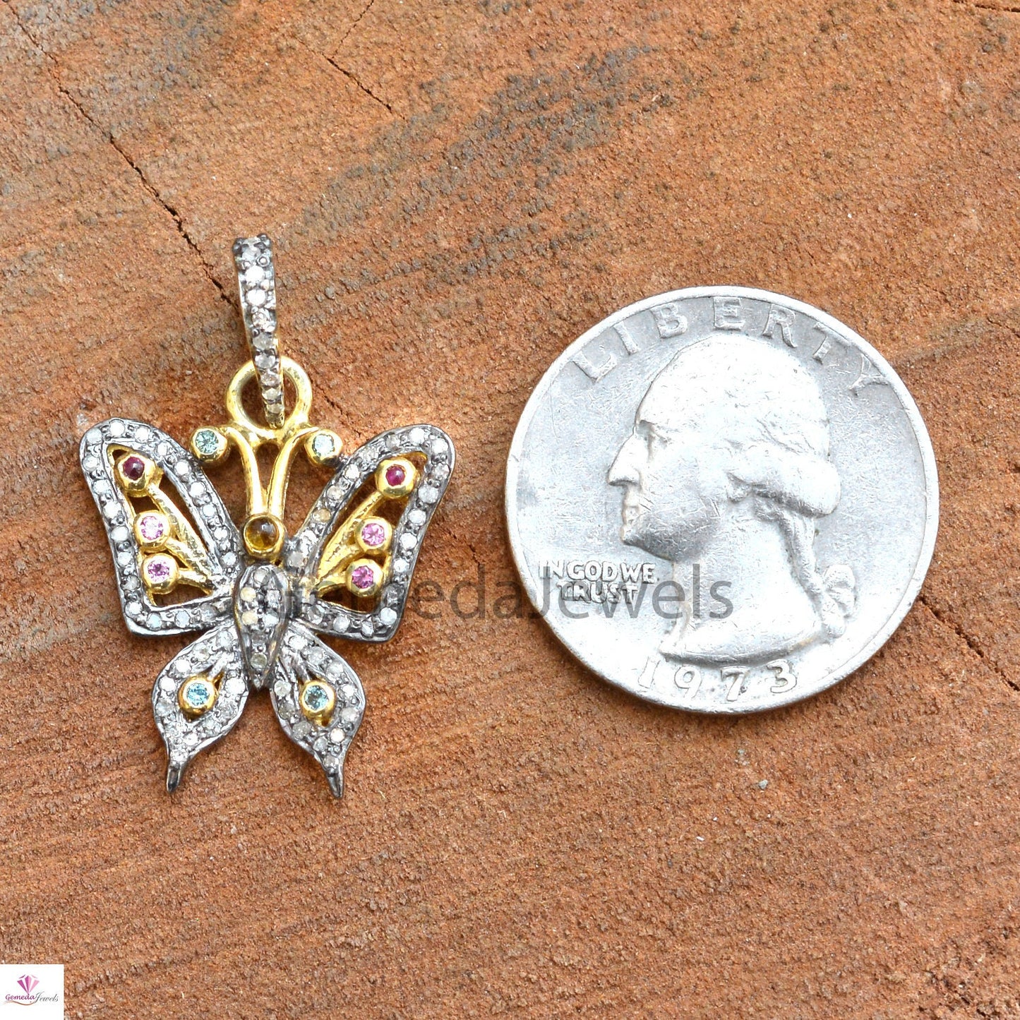 Multi Tourmaline Butterfly Pendant, 925 Silver Gold Plated Jewelry, Pave Diamond Butterfly Pendant Necklace, 16" Silver Chain, Gift For her