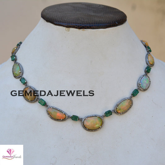 Opal Gemstone Necklace, Sterling Silver Jewelry, Emerald Gemstone Jewelry, Pave Diamond Necklace, 16" Silver Pendant Necklace, Holiday Gifts