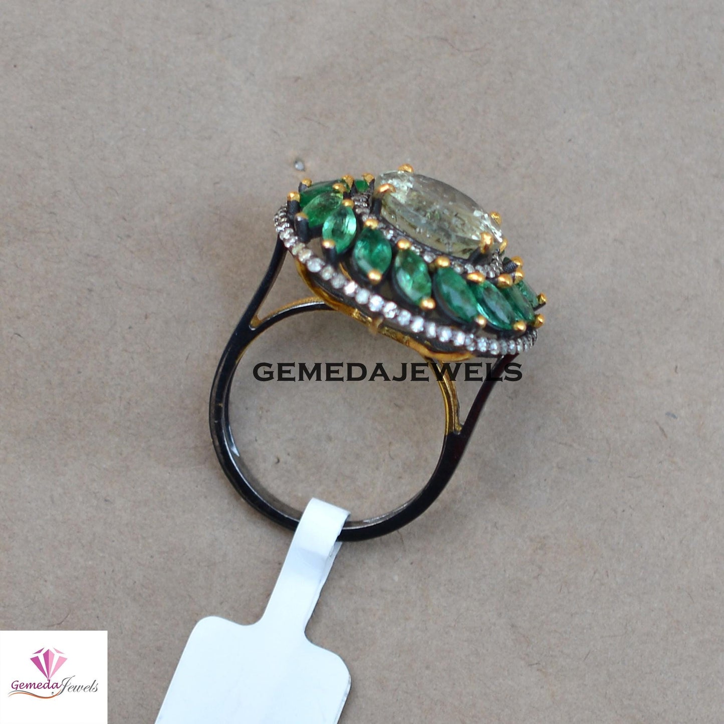 Sale! Classic Green Amethyst 925 Silver Ring, Emerald Gemstone Jewelry, Pave Diamond Ring, Rhodium Plated Ring Jewelry, Wedding Gift Jewelry