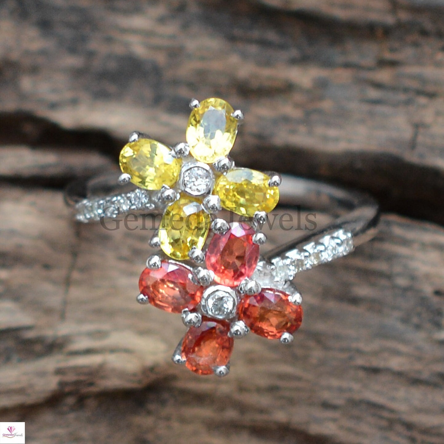 Genuine Multi Sapphire Diamond Ring, Flower Gemstone Ring, Pave Diamond Jewelry, Sterling Silver Jewelry, Minimalist Ring, Anniversary Gift