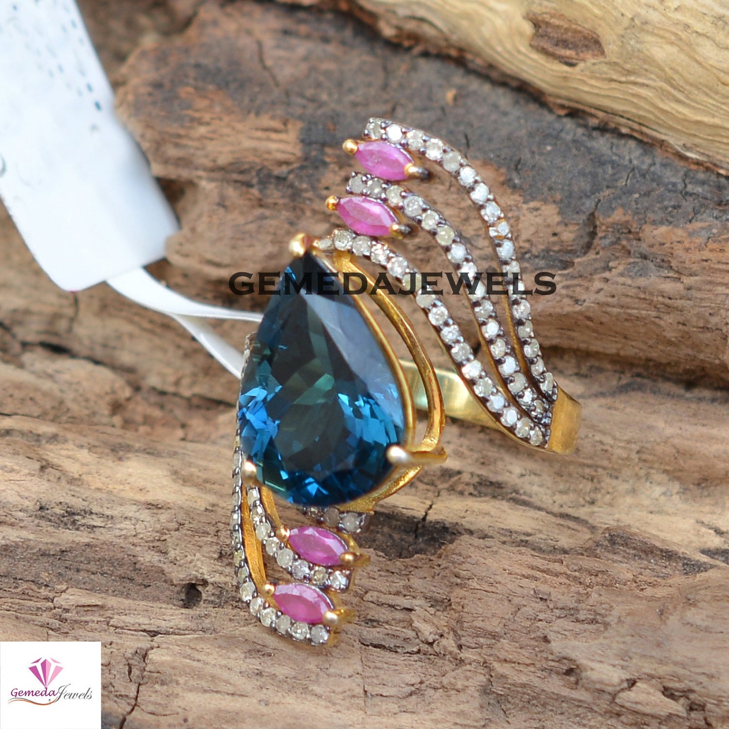 Sparkling Blue Topaz Ring, Pave Diamond Jewelry, Ruby Gemstone Ring, 925 Silver 14k Gold Plated Jewelry, Wedding Gift Jewelry, Gift For Her