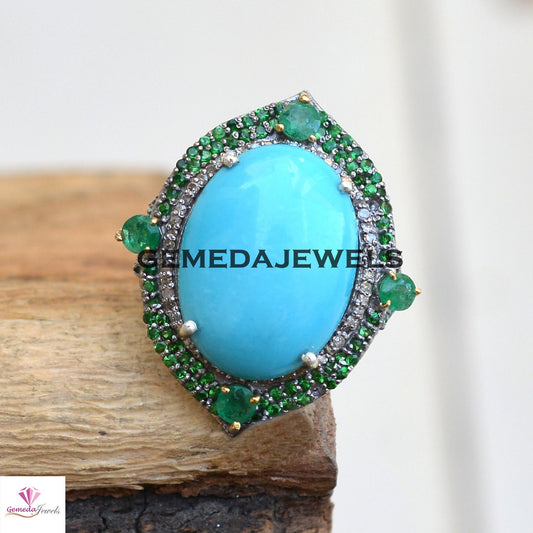 Stunning Blue Turquoise Ring, Pave Diamond Jewelry, Gemstone Diamond Ring, 925 Silver Ring Jewelry, Emerald Gemstone Ring, Wedding Jewelry