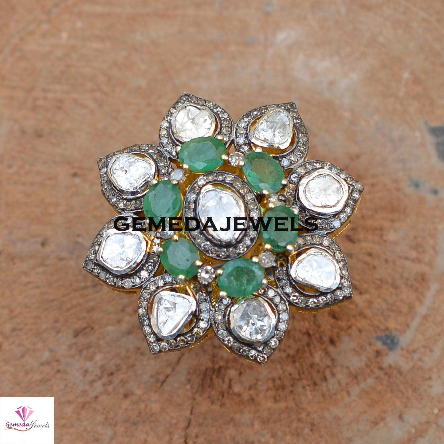 Polki Diamond Floral Ring, Emerald Silver Ring, Pave Diamond Jewelry, Sterling Silver Ring, Gold Vermeil Jewelry, Wedding Gift JEWELLERY