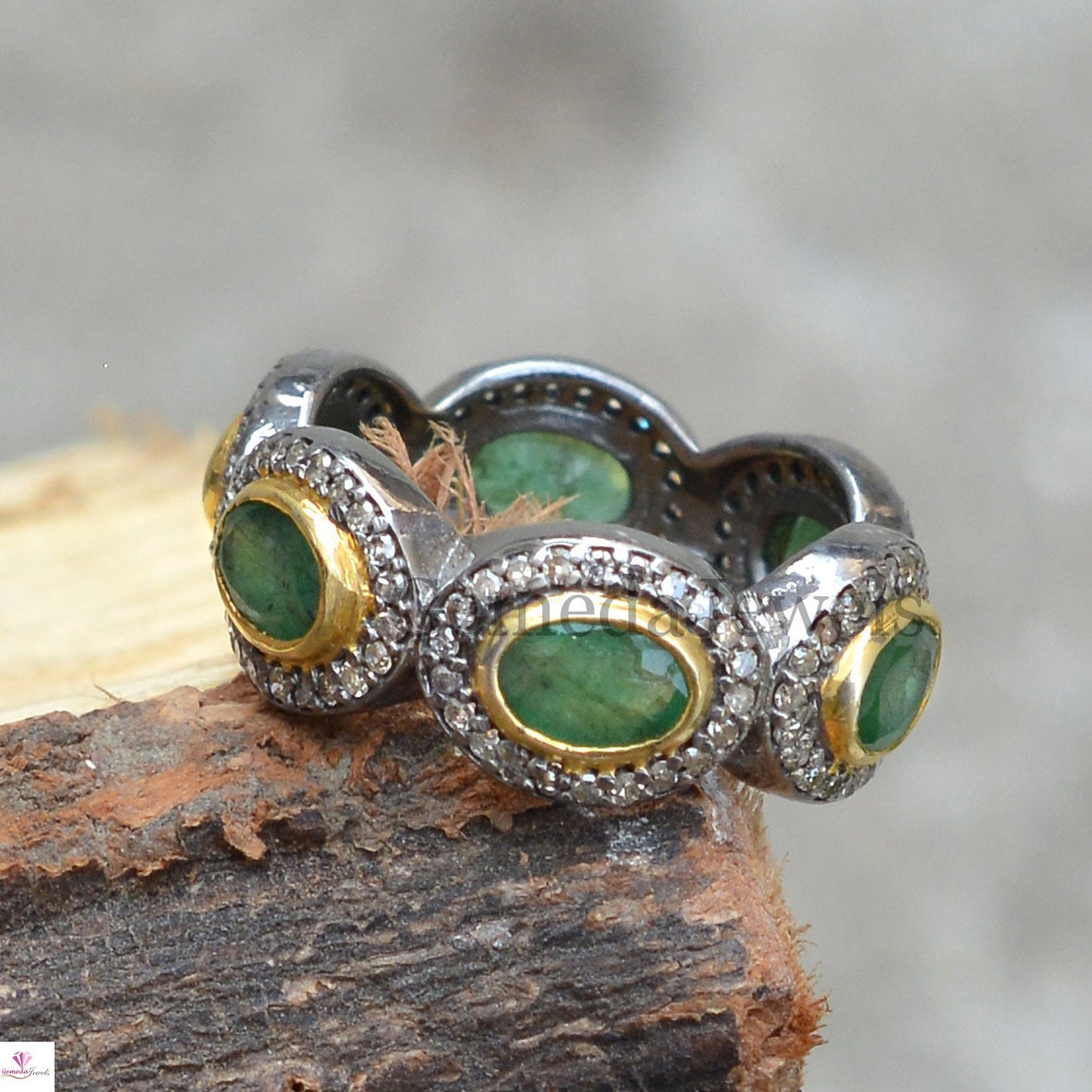 Sale! Emerald Gemstone Silver Ring, Oxidized 925 Silver Jewelry, Pave Diamond Band Ring, Gemstone Eternity Band Ring, Diamond Silver Jewelry