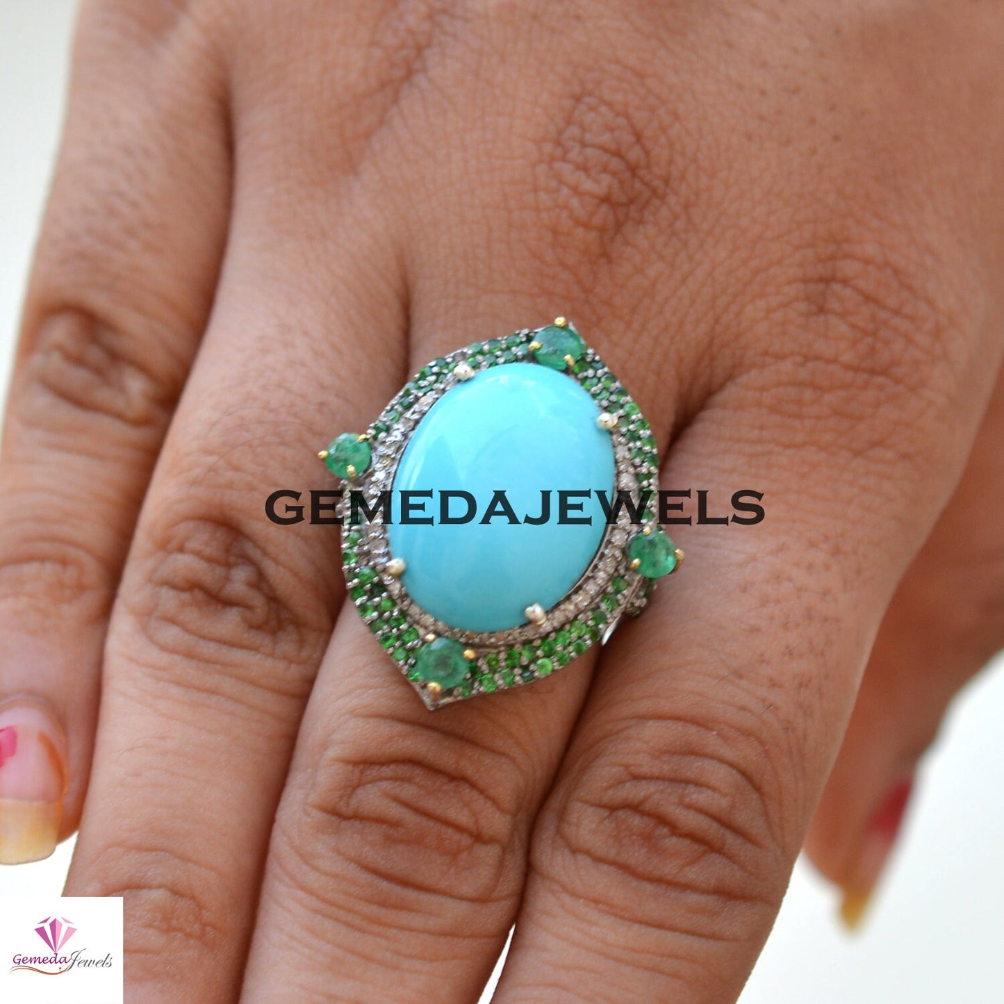 Stunning Blue Turquoise Ring, Pave Diamond Jewelry, Gemstone Diamond Ring, 925 Silver Ring Jewelry, Emerald Gemstone Ring, Wedding Jewelry