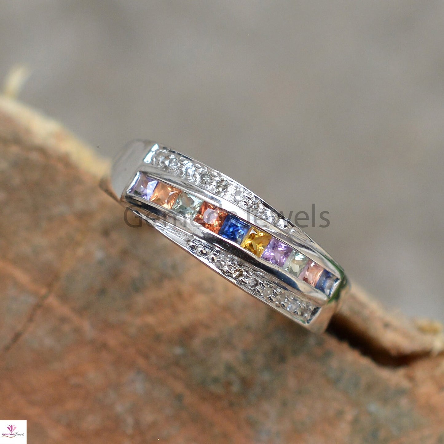 925 Sterling Silver Jewelry, Genuine Multi Sapphire Ring, Pave Diamond Band Ring, Stacking Ring, Gemstone Silver Jewelry, Valentine Day Gift