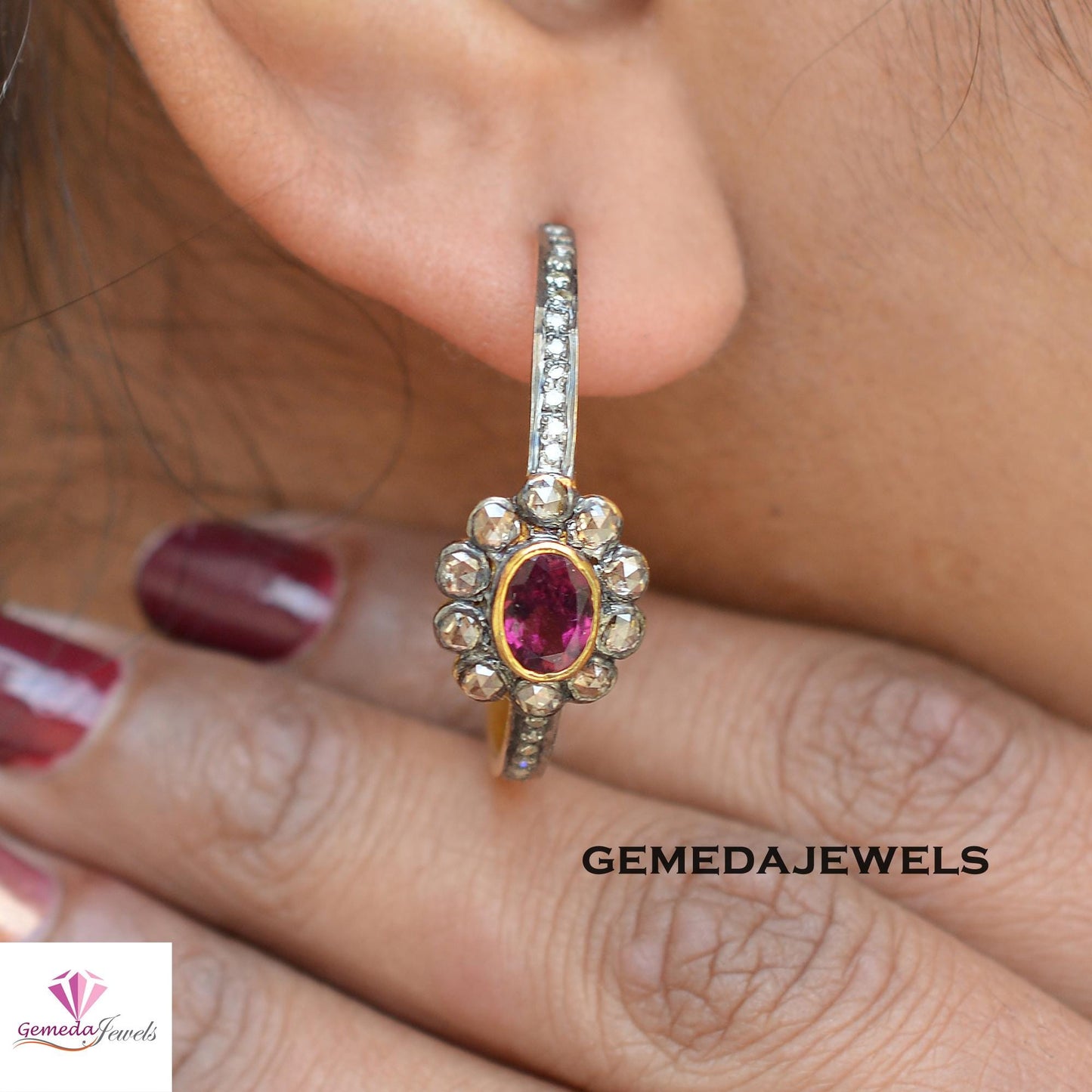 Natural Ruby Gemstone Stud Earrings, Tambuli Diamond Jewelry, Pave Diamond Earrings, Gold Vermeil 925 Silver Stud Jewelry, Valentine's Gift