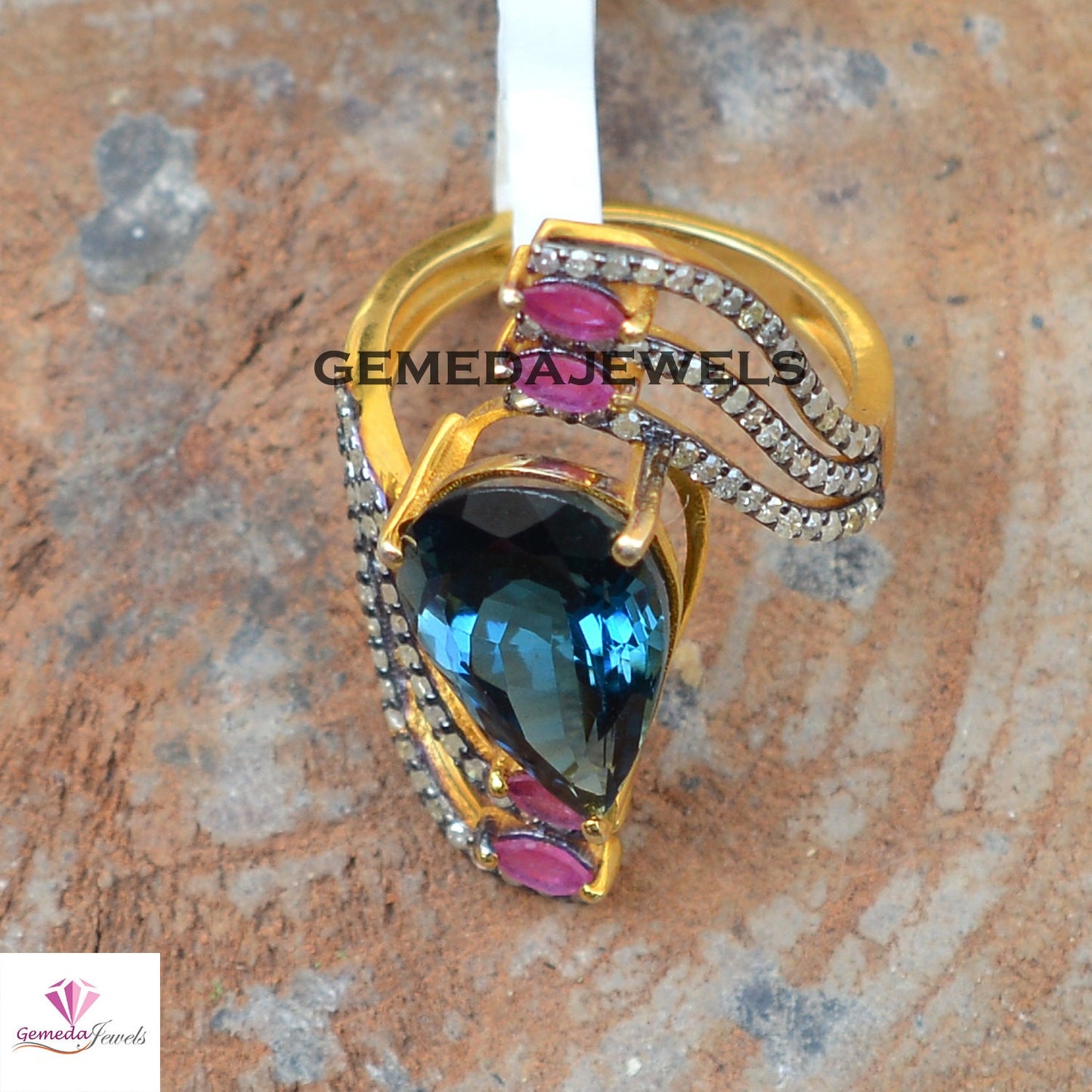 Sparkling Blue Topaz Ring, Pave Diamond Jewelry, Ruby Gemstone Ring, 925 Silver 14k Gold Plated Jewelry, Wedding Gift Jewelry, Gift For Her