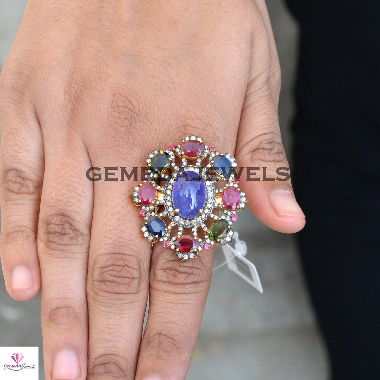 Sale! Real Tanzanite Silver Ring, Multi Gemstone Ring, Gemstone Floral Ring Jewelry, Pave Diamond Ring, 925 Silver Jewelry, Gold Filled Ring
